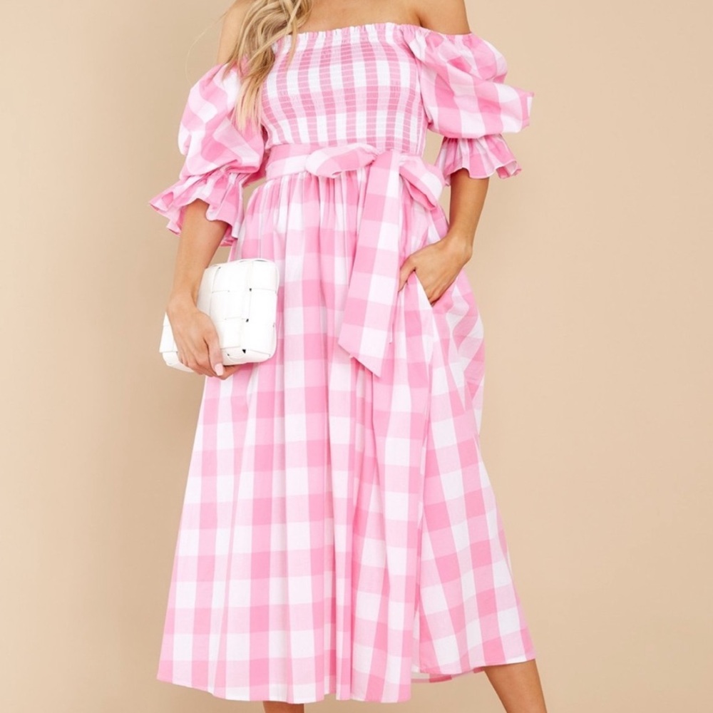 Smocked White Pink Gingham Dress with Tie